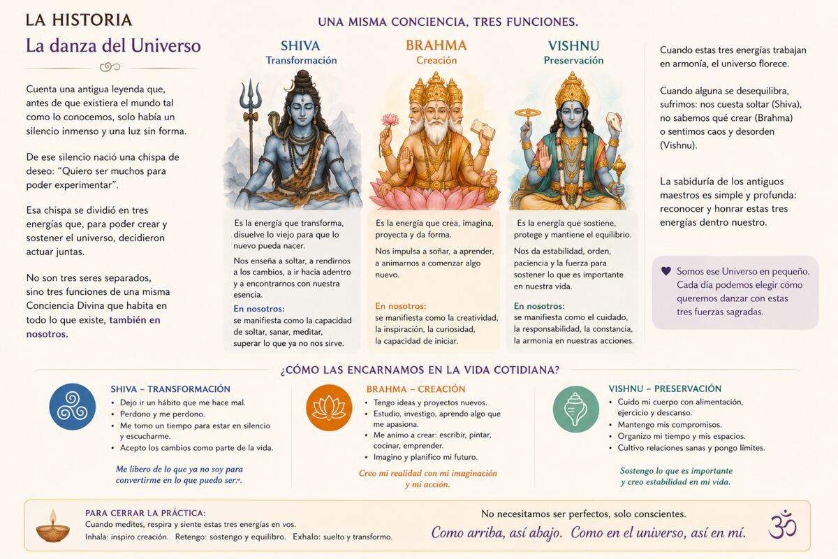 Lámina La danza del Universo: Shiva, Brahma y Vishnu como energías de transformación, creación y preservación.